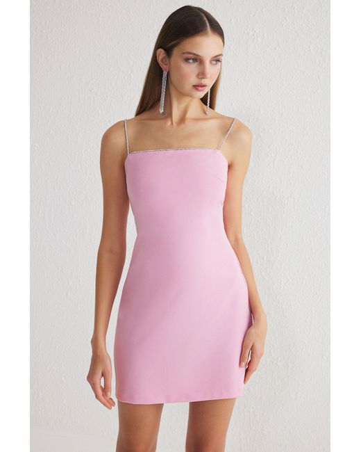 Trendyol Pink Kurzes, Stilvolles Abendkleid Mit Steinaccessoires, Nachtabiblution-Kleider Für Damen