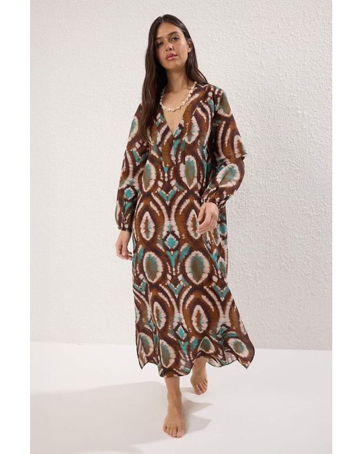 Trendyol White Ethnisch Gemustertes Maxi-Strandkleid Aus 100 Baumwolle Mit Ballonärmeln Für Damen