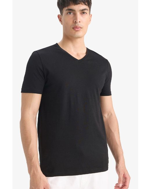 Defacto 100 Baumwolle Slim Fit Slim Fit V-Ausschnitt Basic Solid Kurzarm Schwarzes T-Shirt M7668Az25Sp Für Herren in Black für Herren