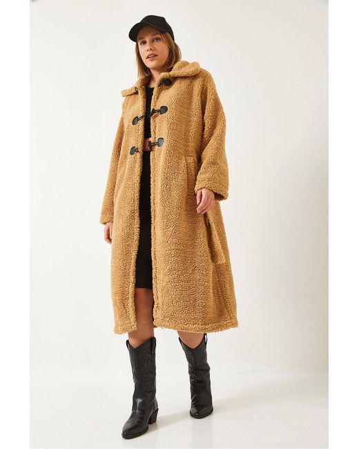 Bianco Lucci Brown Geknöpfter, Gefütterter Teddy-Mantel Mit Gürtel 938127 Für Damen
