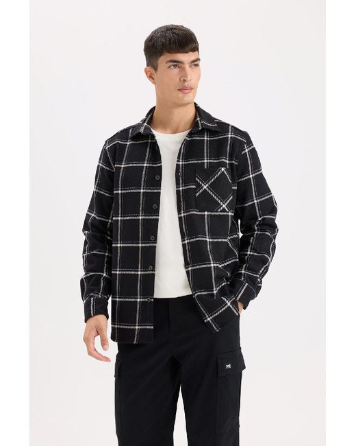 Defacto Langärmliges Hemd Aus Kariertem Flanell Mit Normaler Passform Und Polokragen Für Herren in Black für Herren