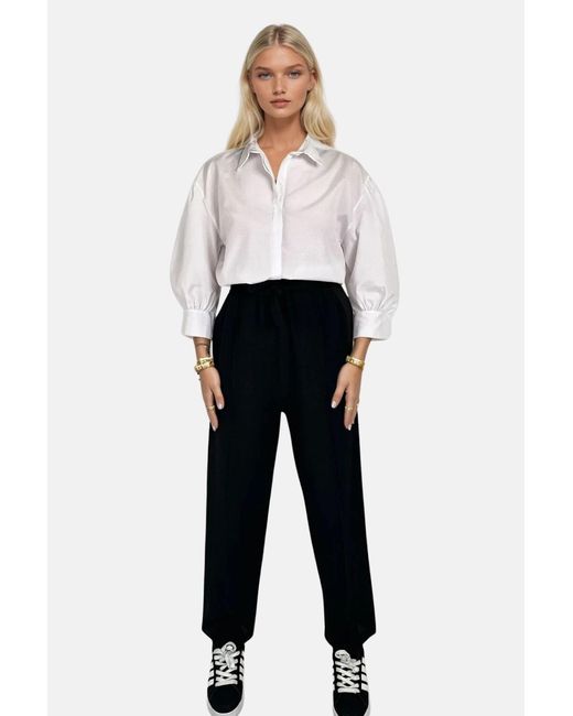 Trend Alaçatı Stili Blue Schwarze Palazzo-Hose Aus Leinen Mit Doppelter Tasche Vorne Und Hoher Taille Für Damen