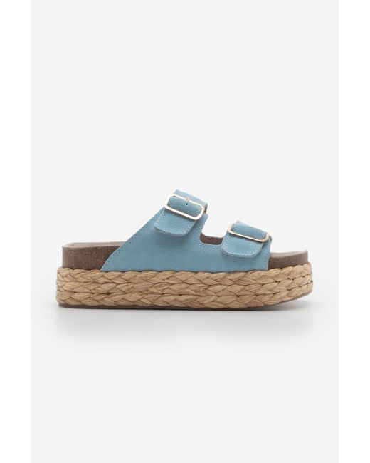 Marjin Blue Hausschuhe Aus Echtem Leder Mit Dicker Strohsohle Und Doppeltem Band, Kifor-Hausschuhe Aus Blauem Wildleder Für Damen