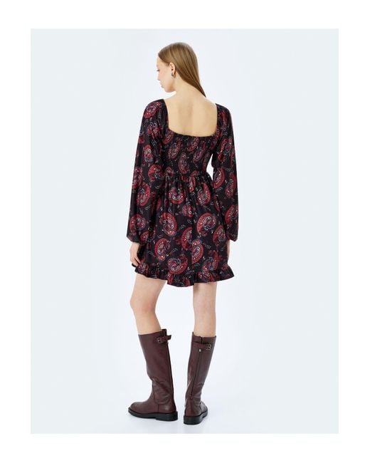 Koton Red Minikleid Mit Schnürkragen Und Langen Ballonärmeln Und Volants Für Damen