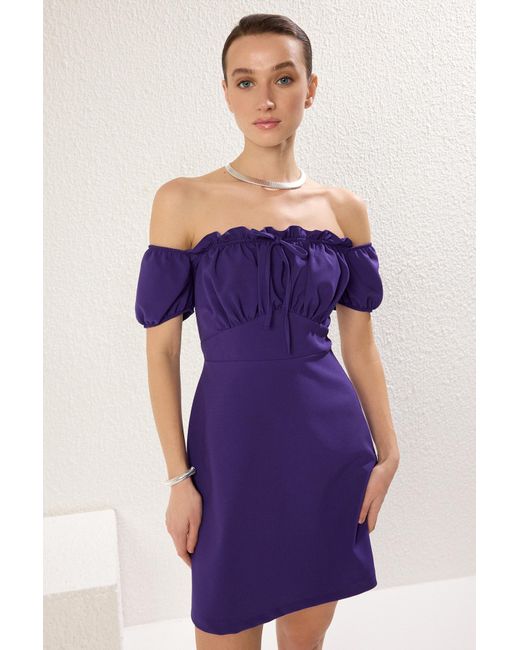 Trendyol Purple A-Linien-Minikleid Aus Gewebtem Krepp Mit Carmen-Ausschnitt Für Damen