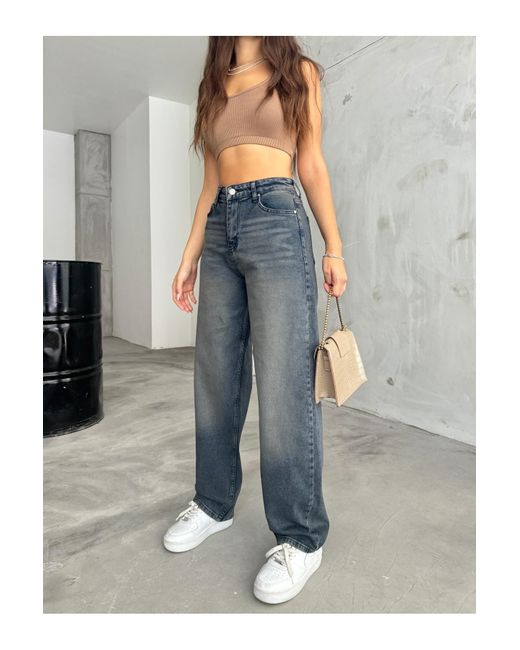 BİKELİFE Blue Locker Geschnittene, Bequeme Baggy-Jeanshose Mit Weitem Bein Für Damen