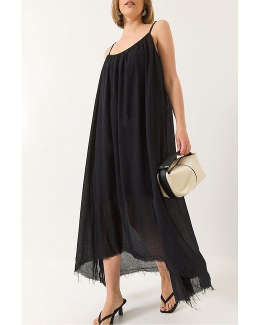 Bianco Lucci Black Sommerkleid Aus Langem Leinen Mit Dünnem Träger Und Lockerem Futter Aus Baumwolle 5971 Für Damen