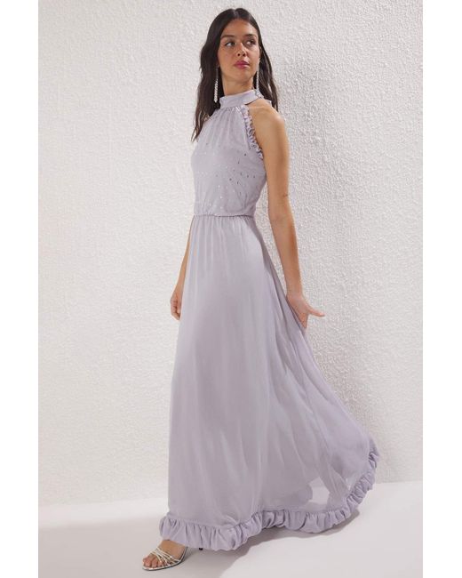 Trendyol Purple Graue, Mit Steinen Verzierte, Detaillierte Röcke, Gewelltes, Gewebtes Maxi-Abendkleid Und Abschlusskleid Für Damen