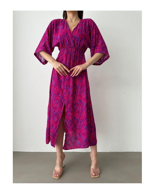 BEJNA Pink Zweireihiges Langes Sommerkleid Mit Kragen Und Schlitz Für Damen