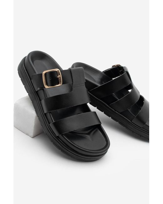 Marjin Black Schwarze Lihos-Hausschuhe – Lässige Hausschuhe Mit Schnalle Und Echtem Lederband Für Damen
