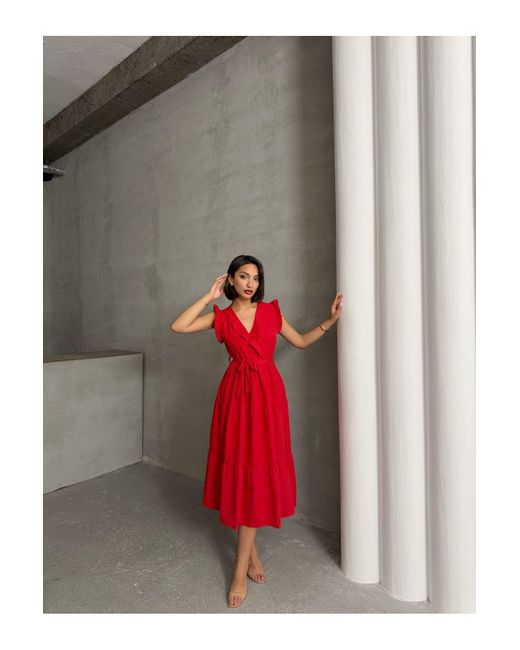 BEJNA Red Rotes Kleid Mit Volant Und Zweireihigem Ausschnitt Für Damen