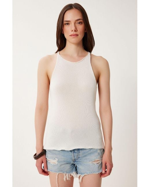 Happiness İstanbul White Sommerbluse Aus Merzerisierter Strickware Mit Trägern Für Damen