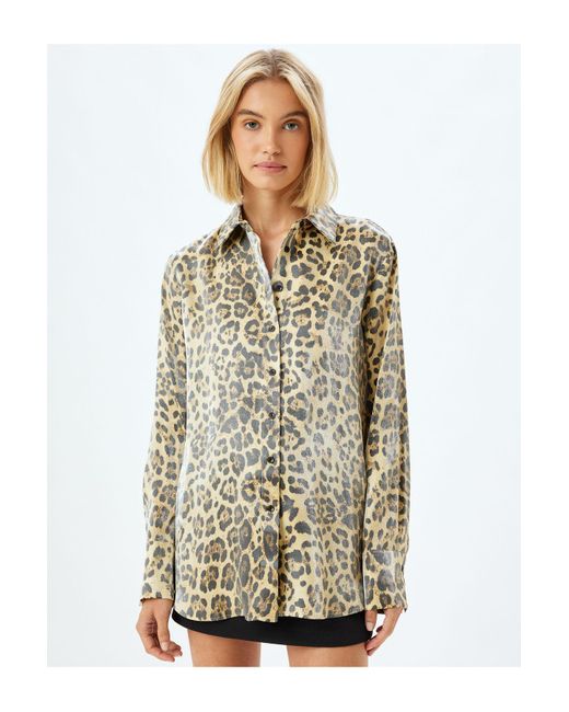 Koton White Langärmliges Hemd Aus Satin Mit Leopardenmuster Und Normaler Passform Für Damen