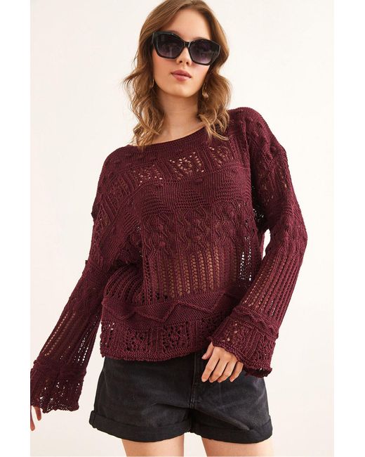 Olalook Purple Burgunderrote Mini-Pompon-Bluse Aus Durchbrochener Baumwolle Blz- 19002336 Für Damen