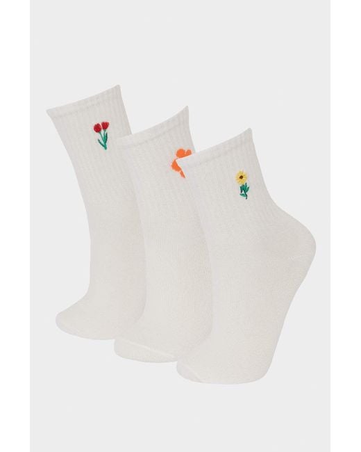 Defacto White 3-Teilige Lange Baumwollsocken Für Mädchen E6276A8Ns Für Damen