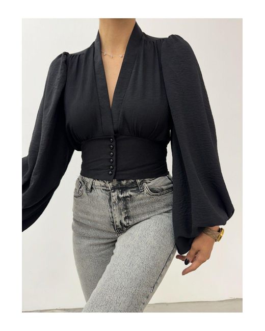Modamorfo Black Geknöpfter, Elastischer Rücken, Ballonärmel, Sandy Crop – Für Damen