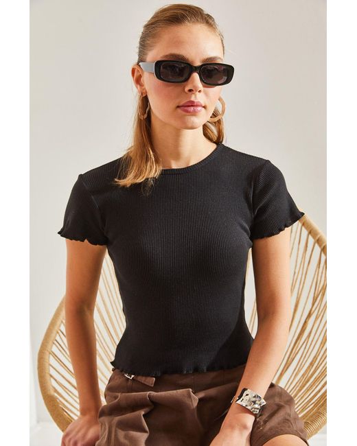 Bianco Lucci Black Gerippte Camisole-Bluse