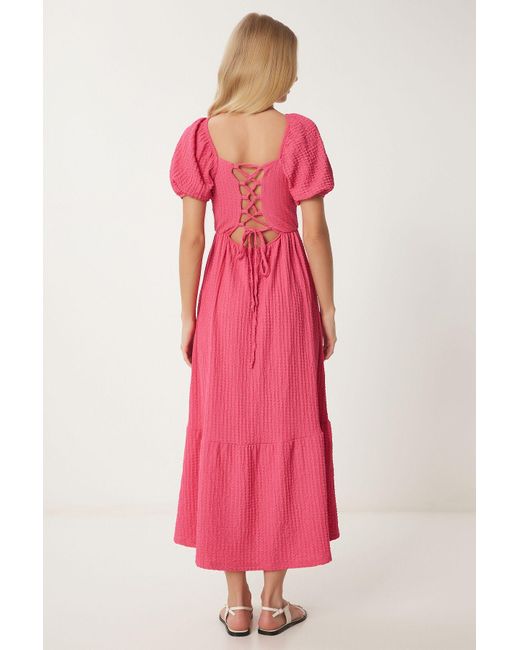 Happiness İstanbul Pink Dunkelrosa Strickkleid Mit Herzförmigem Ausschnitt Und Strukturiertem Sommer-Strickkleid Für Damen