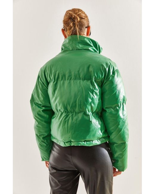 Bianco Lucci Green Puffermantel Aus Leder Mit Judge-Kragen Für Damen