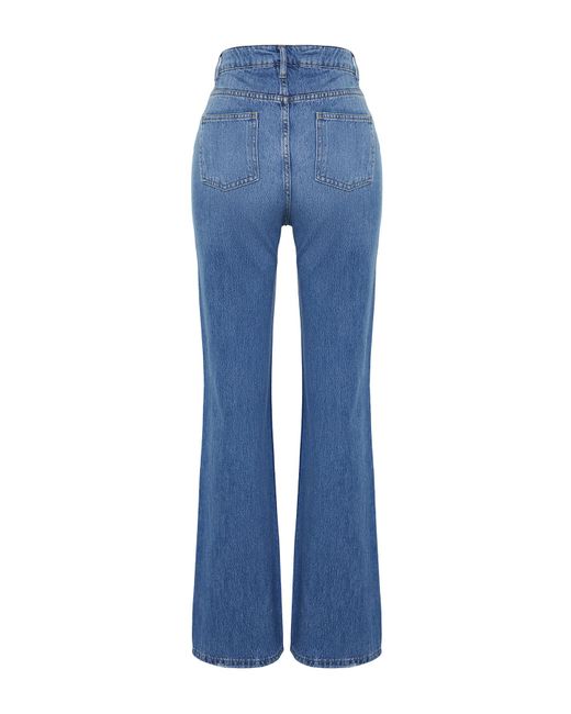 Trendyol Blue Dunkele jeans mit hoher taille und weitem bein
