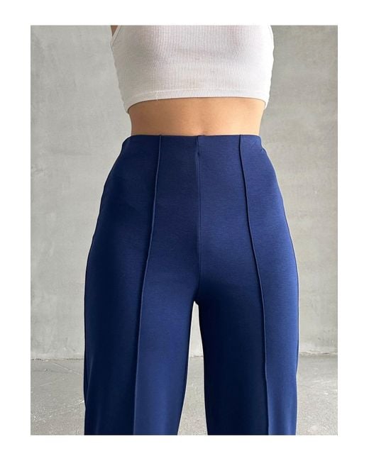 BEJNA Blue Marineblaue Gerippte Modalhose Mit Hoher Taille Für Damen