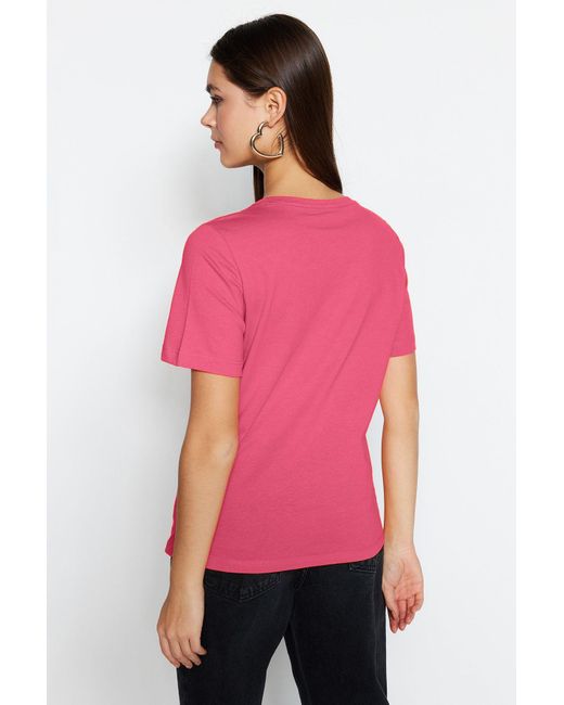 Trendyol Pink 001 Basic-Strick-T-Shirt Mit Rundhalsausschnitt Aus 100 Baumwolle Für Damen