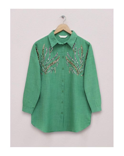 Modamorfo Green Langes Hemd Mit Paillettenbesetzter Vorderseite Für Damen