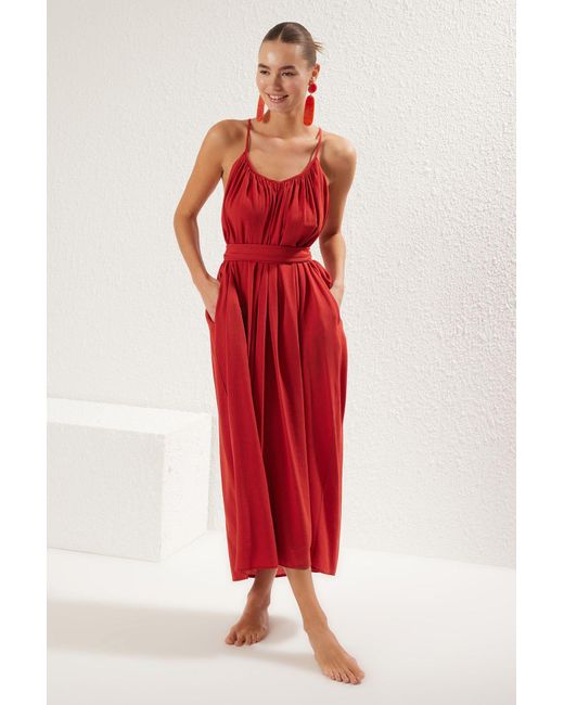Trendyol Red Tile Maxi-Strandkleid Mit Gürtel – Für Damen