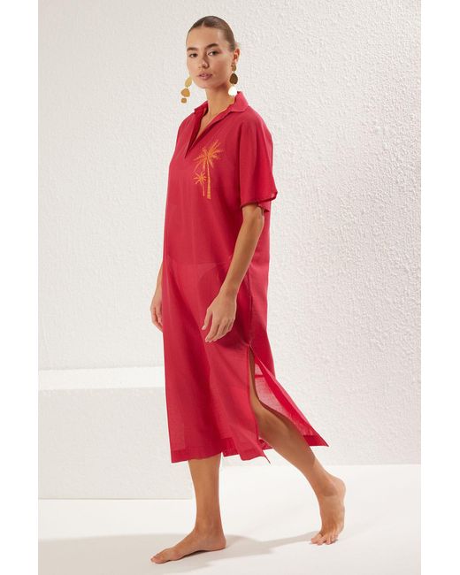 Trendyol Red Fuchsia Maxi-Strandkleid Aus 100 Baumwolle Mit Stickerei Für Damen