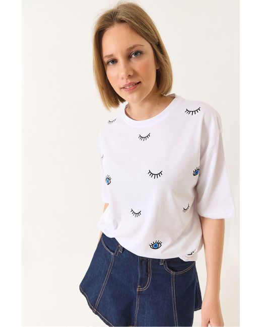 Bianco Lucci White T-Shirt Aus Baumwolle Mit Kurzen Ärmeln Und Augenmuster