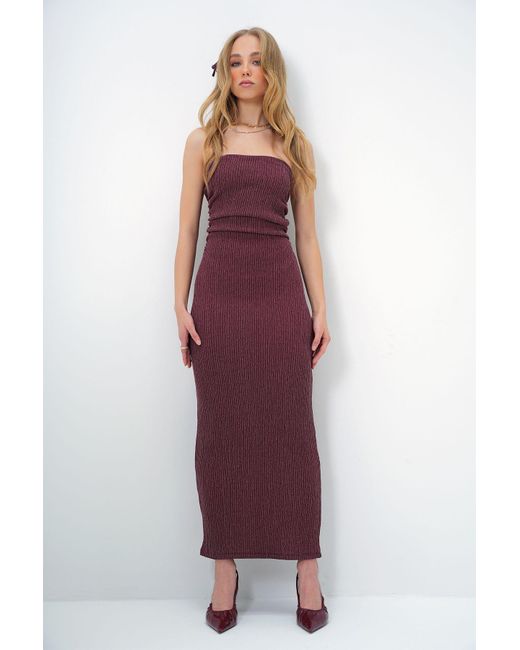 Trend Alaçatı Stili Purple Burgunderrotes, Trägerloses Sommerkleid Mit Kordelzug An Der Seite Für Damen