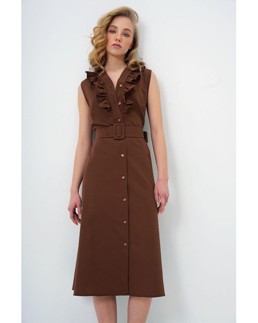 Trend Alaçatı Stili Brown Kleid Aus Gewebtem Popeline Mit Rüschen Und Gürtel