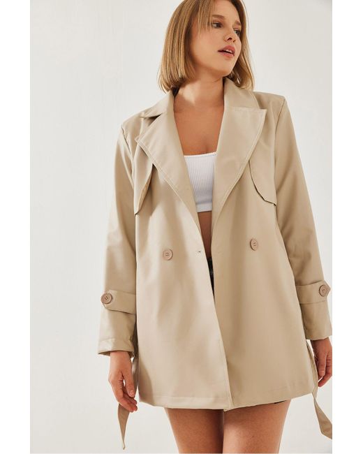 Bianco Lucci Natural Kurzer Trenchcoat Aus Leder Mit Zweireihigem Ausschnitt Und Gürtel – Windkappe, Tasche 2377 Für Damen
