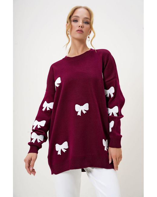Trend Alaçatı Stili Red Burgunderfarbener Winter-Strickpullover Mit Rundhalsausschnitt Und Schleifenstickerei Für Damen