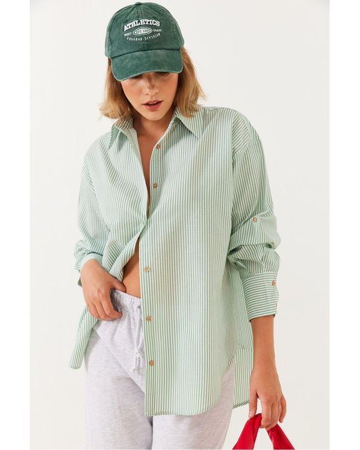 Bianco Lucci Green Gestreiftes Hemd Mit Metallischem Garn Mbms021 Für Damen