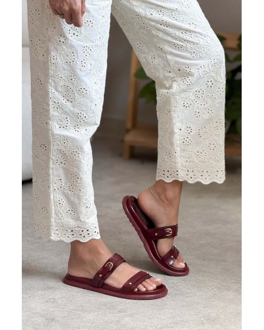 NİŞANTAŞI SHOES Multicolor Zizi Burgundy Matte Schnalle Detaillierte Doppel Band Flache Sohle Hausschuhe Für Damen