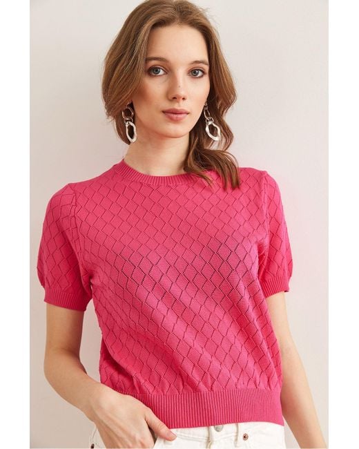 Olalook Pink Fuchsia Argyle Gemustert Durchbrochene Kurze Ärmel Trikot Bluse Blz- 19002883 Für Damen
