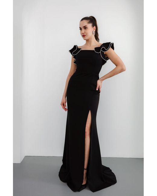 LAFABA Black Schwarzes Kleid Mit Quadratischem Ausschnitt, Rüschenärmeln Und Langem Versprechen, Verlobung, Hochzeit, Abendkleid Für Damen