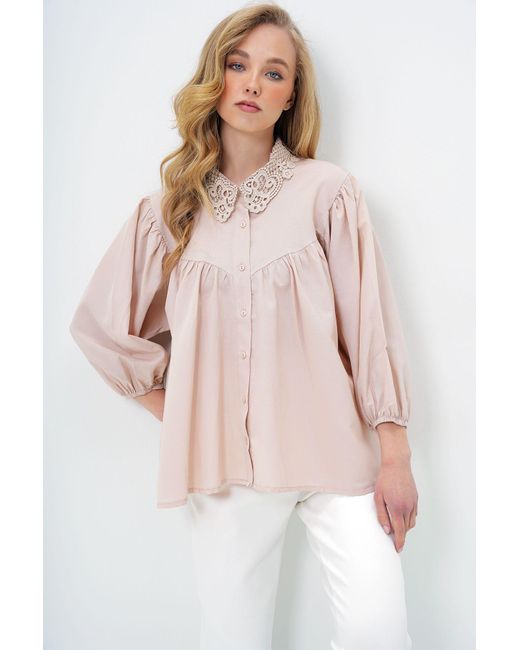 Trend Alaçatı Stili Pink Beigefarbenes Popeline-Hemd Mit Spitzenkragen Und Ballonärmeln Für Damen