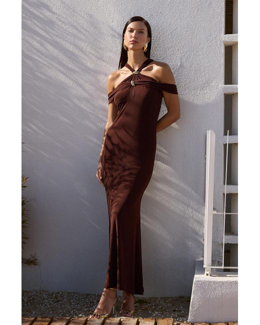 Trendyol Brown Braunes, Figurbetontes, Detailliertes, Gestricktes, Langes, Stilvolles Abendkleid, Nachtabendkleid Für Damen