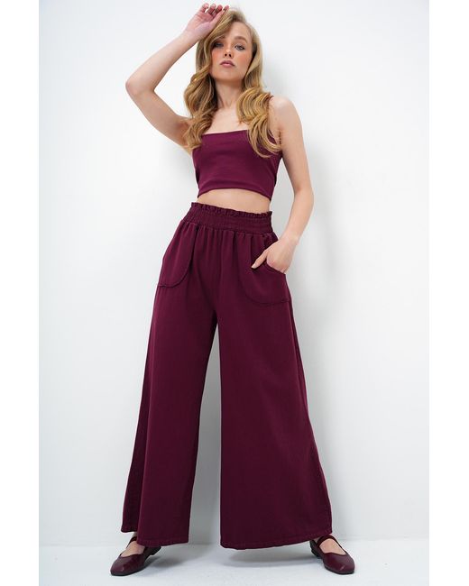 Trend Alaçatı Stili Purple Burgunderrote Gabardine-Hose Mit Taillenband Und Doppelter Tasche Und Weitem Bein Für Damen