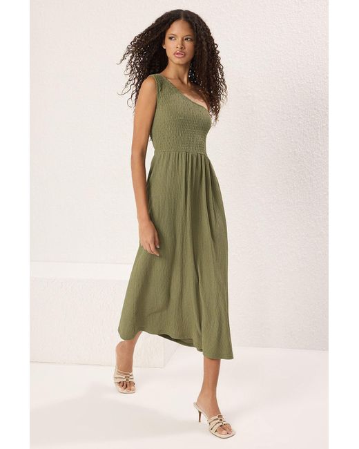 Trendyol Green Khakifarbenes Midi-Strickkleid – Einärmlig, Gerader Gips, Für Damen