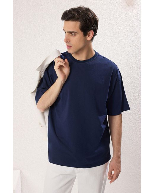 Trendyol Marineblau- Oversize/Wide Cut 2Er-Pack T-Shirts Aus 100 Baumwolle Mit Textdruck Und Einfarbig Für Herren in Blue für Herren