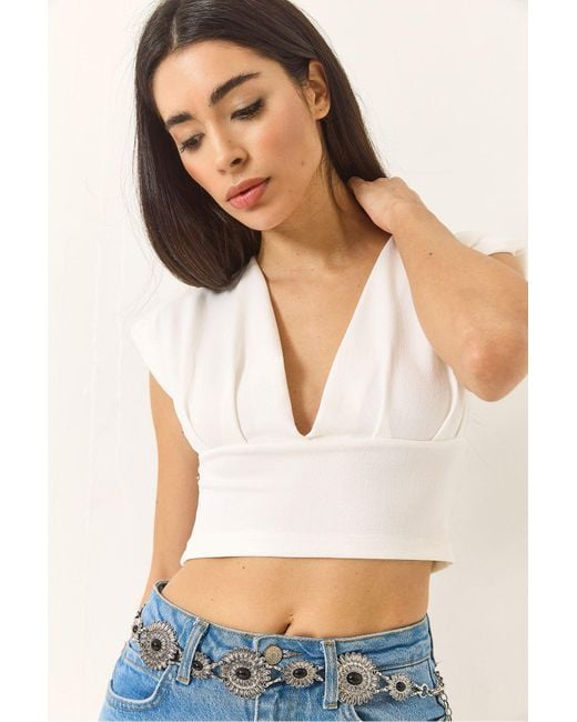 Bianco Lucci White Leichte, Tief Ausgeschnittene Crop-Bluse Für Damen