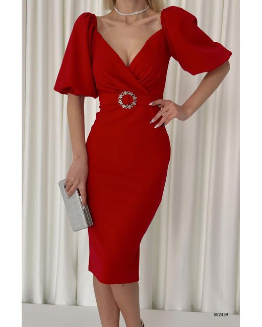 Deafox Red Rotes, Kurzärmliges Kleid Aus Kreppstoff Mit Gürtel Für Damen