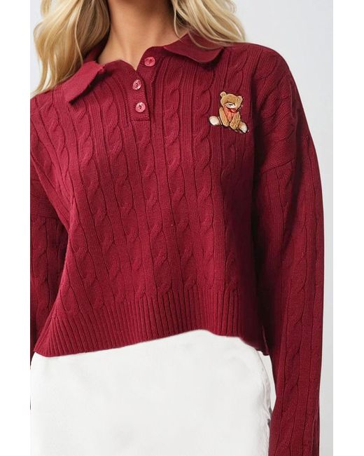 Trend Alaçatı Stili Red Burgunderfarbener Strickpullover Mit Polokragen Und Haarstrickmuster Und Teddybär Für Damen