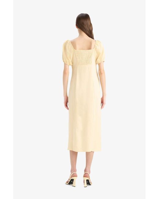 Defacto Natural A-Linien-Sommerkleid Mit V-Ausschnitt, Leinenmischung, Schlitz, Kurze Ärmel, Midi-Sommerkleid F0534Ax25Sm Für Damen