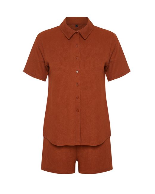 Trendyol Brown Set aus gestricktem unterteil und oberteil aus hemd und shorts mit kachelwickel-/strukturmuster