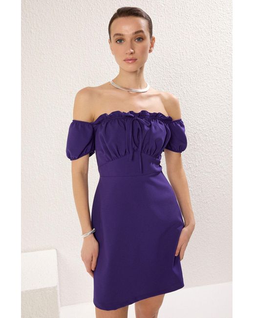 Trendyol Purple A-Linien-Minikleid Aus Gewebtem Krepp Mit Carmen-Ausschnitt Für Damen