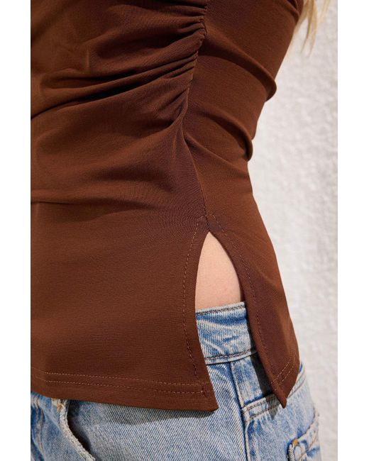 Trendyol Blue Braune, Trägerlose, Geraffte/Drapierte Strickbluse Aus 100 Baumwolle Für Damen